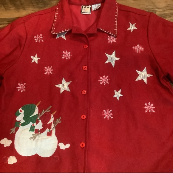 Wool Women's Cardigan Jacket Shirt L Button Front Red Snowman Stars Christmas - Picture 2 of 6